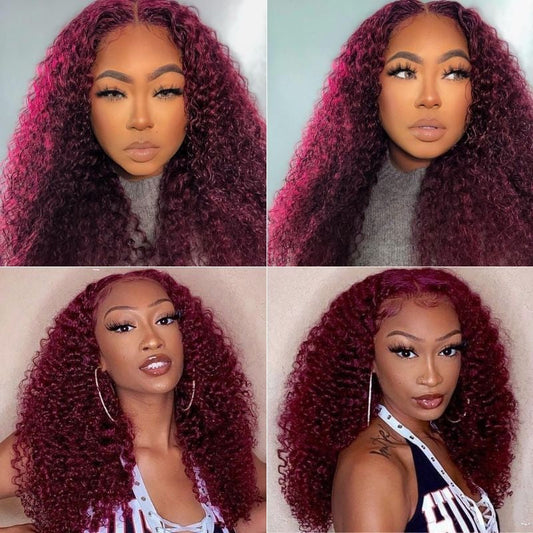 Curly burgundy water wave frontal wig