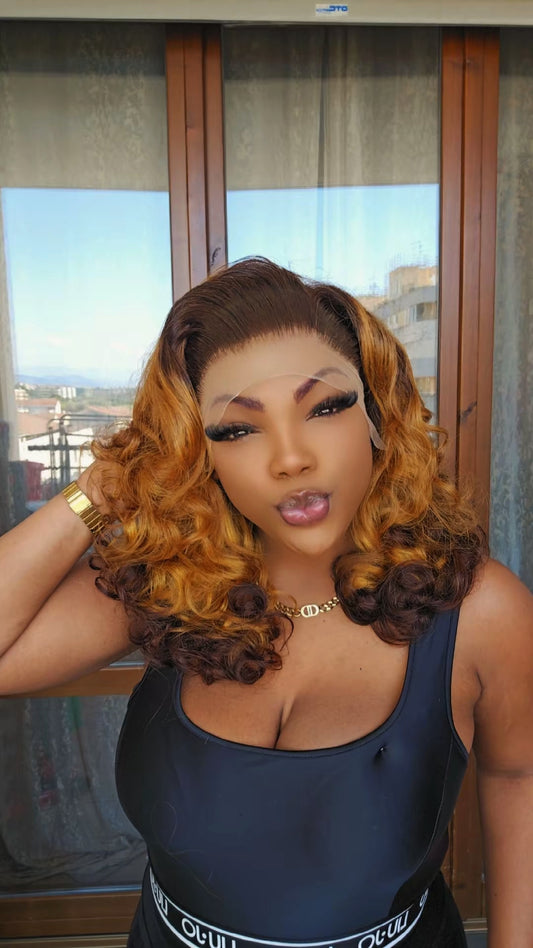 Gold and brown highlight bouncy curls wig